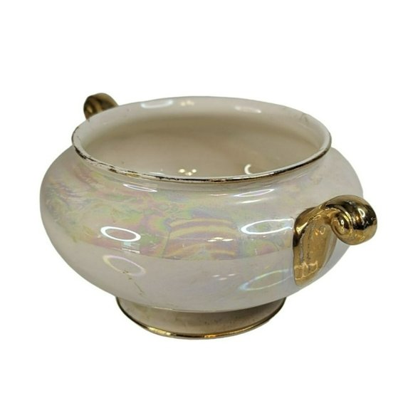 Homer Laughlin Nautilus Eggshell Creamer and Open Sugar Bowl 1940s Gold Trim - Picture 10 of 11